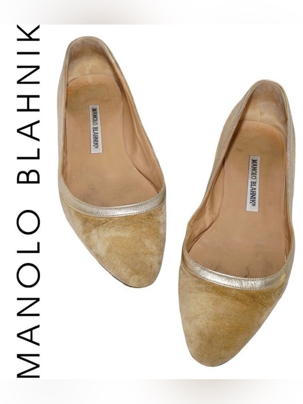 Manolo Blahnik Suede Almond Toe Flats Tan Beige Gold Trim Size 36